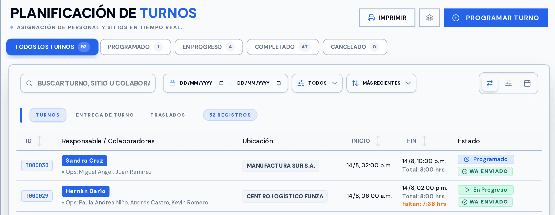 Planificación de turnos en QuickGo: turnos programados y en progreso, con la cuenta regresiva del turno y el sello «WA enviado» en cada uno.